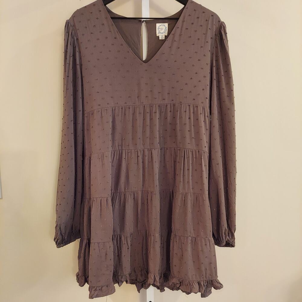 Blue Rain Dress M Long‎ Sleeve Tiered Knee Length Swiss Dot Olive Green Cottage